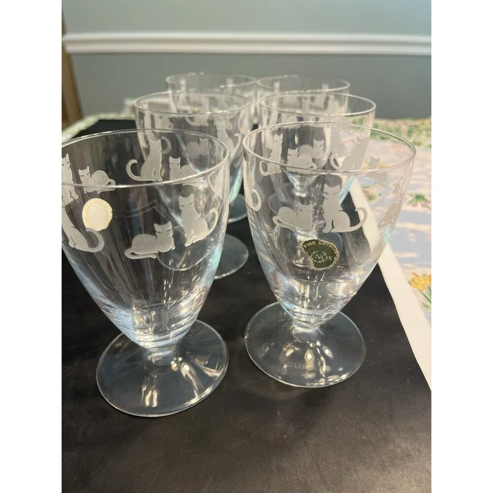 6pc Lenox Crystal Clear Etched Frosted Kitten Cat Dessert Water Footed Glasses